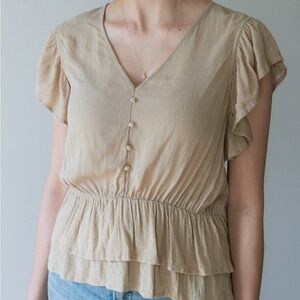 Express Cream Flutter Sleeve Blouse with Ruffled Details